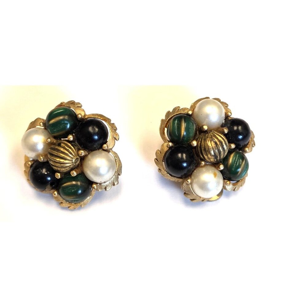 Vintage Gold-Tone Clip-On Earrings W/ Faux Pearls & Green/Black Cabochons